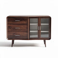 Walnut cabinet with glass doors and three drawers for living room storage