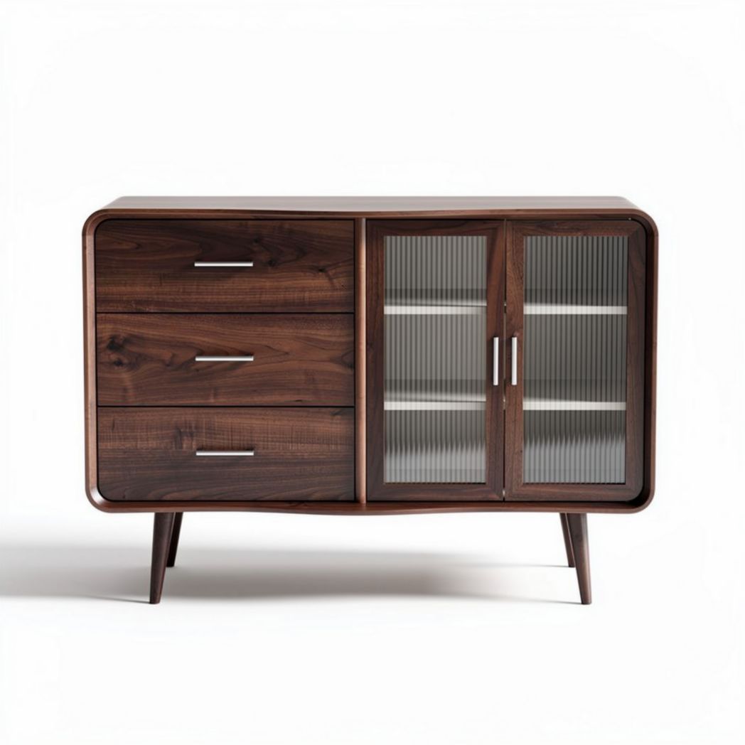 Walnut cabinet with glass doors and three drawers for living room storage