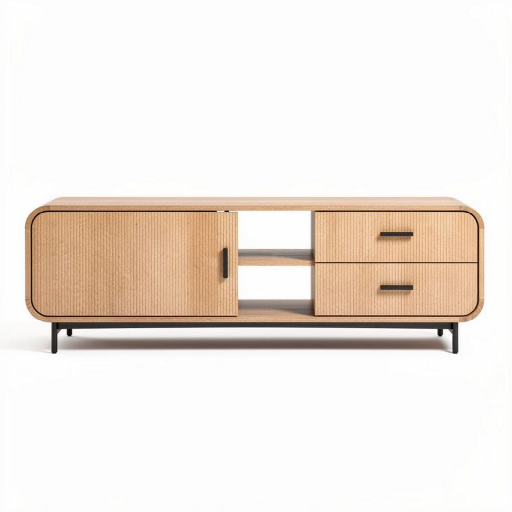 Wooden media console with sliding door and two drawers 150 x 45 x 60cm
