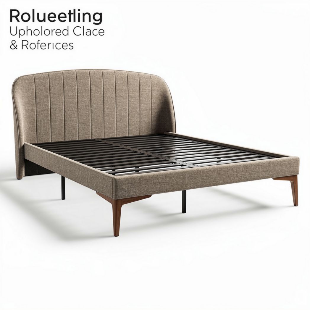 Upholstered platform bed frame with wooden legs and metal support 200 x 160 x 100cm