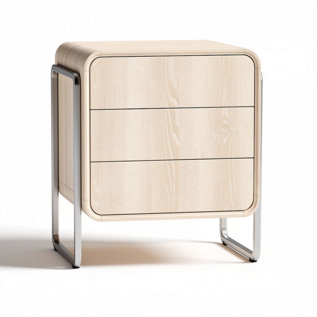 Wooden nightstand with three drawers and metal frame in natural finish