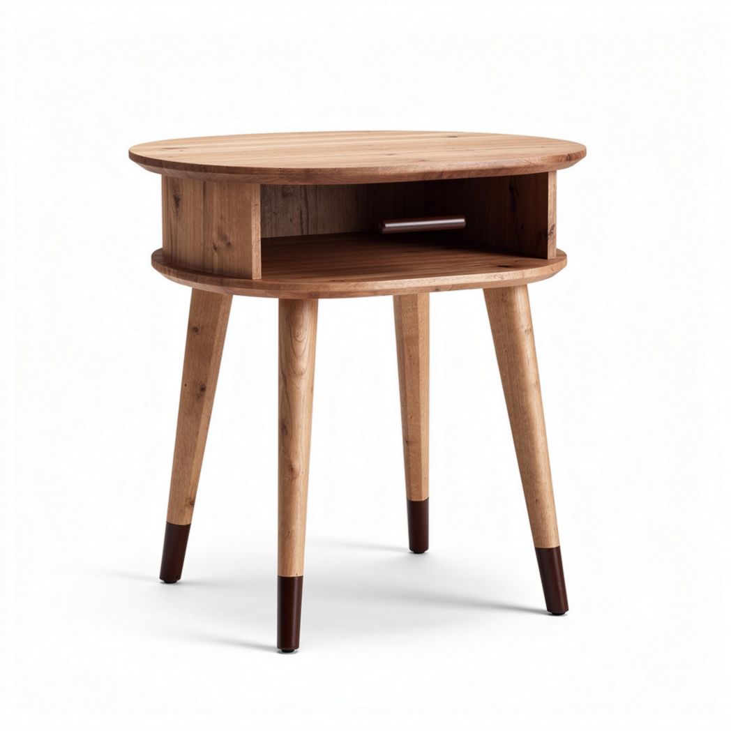 Wooden round side table with open shelf and tapered legs 50 x 50 x 40cm