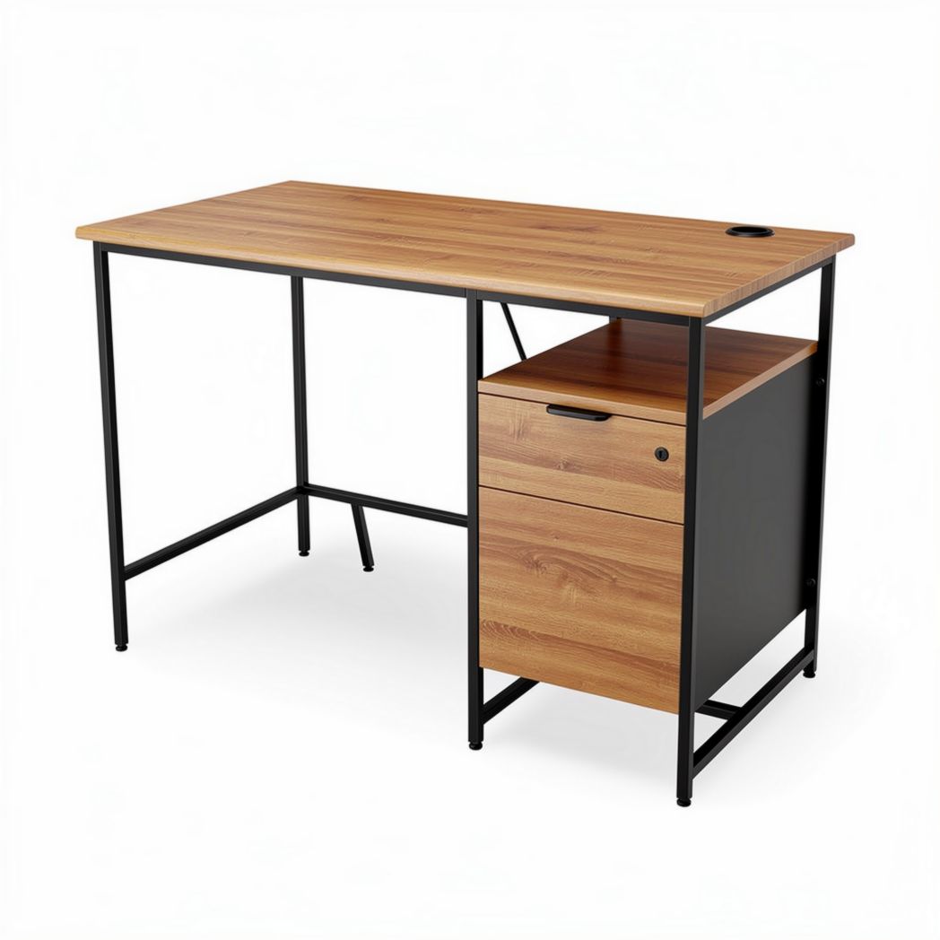 Wooden desktop with metal frame and drawer for home office 120 x 60 x 75cm