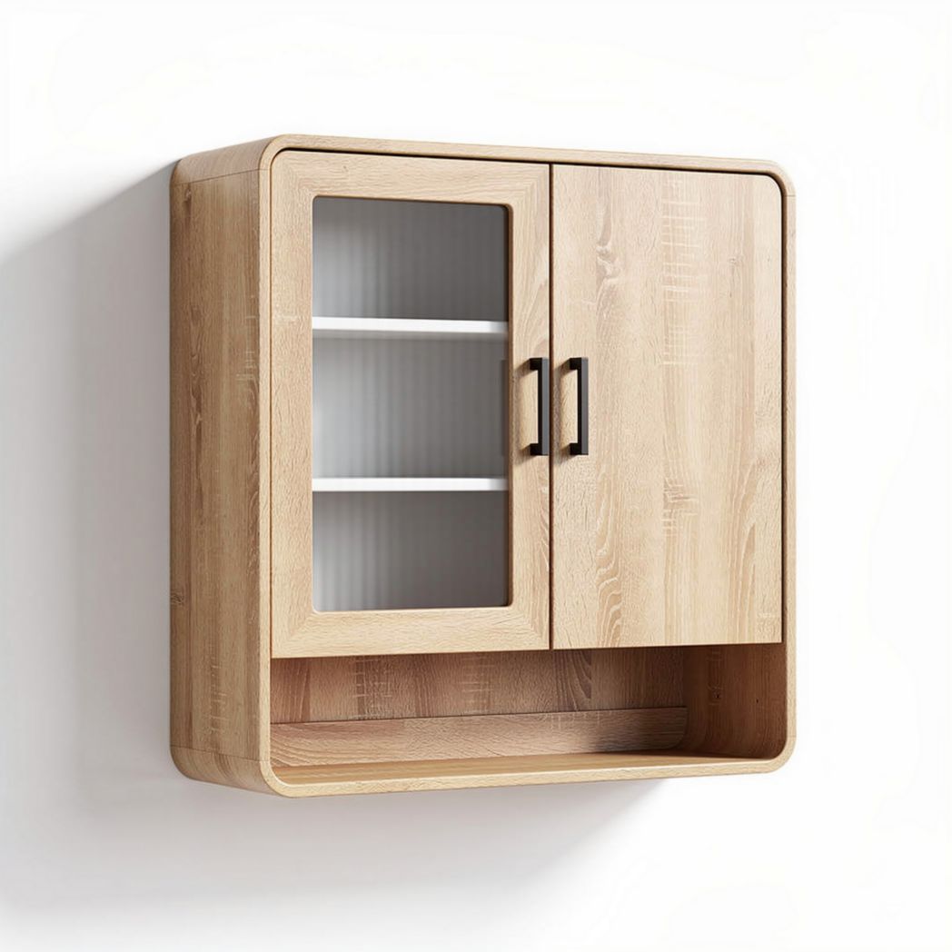 Wall mounted wooden cabinet with glass doors and shelf 80 x 30 x 60cm