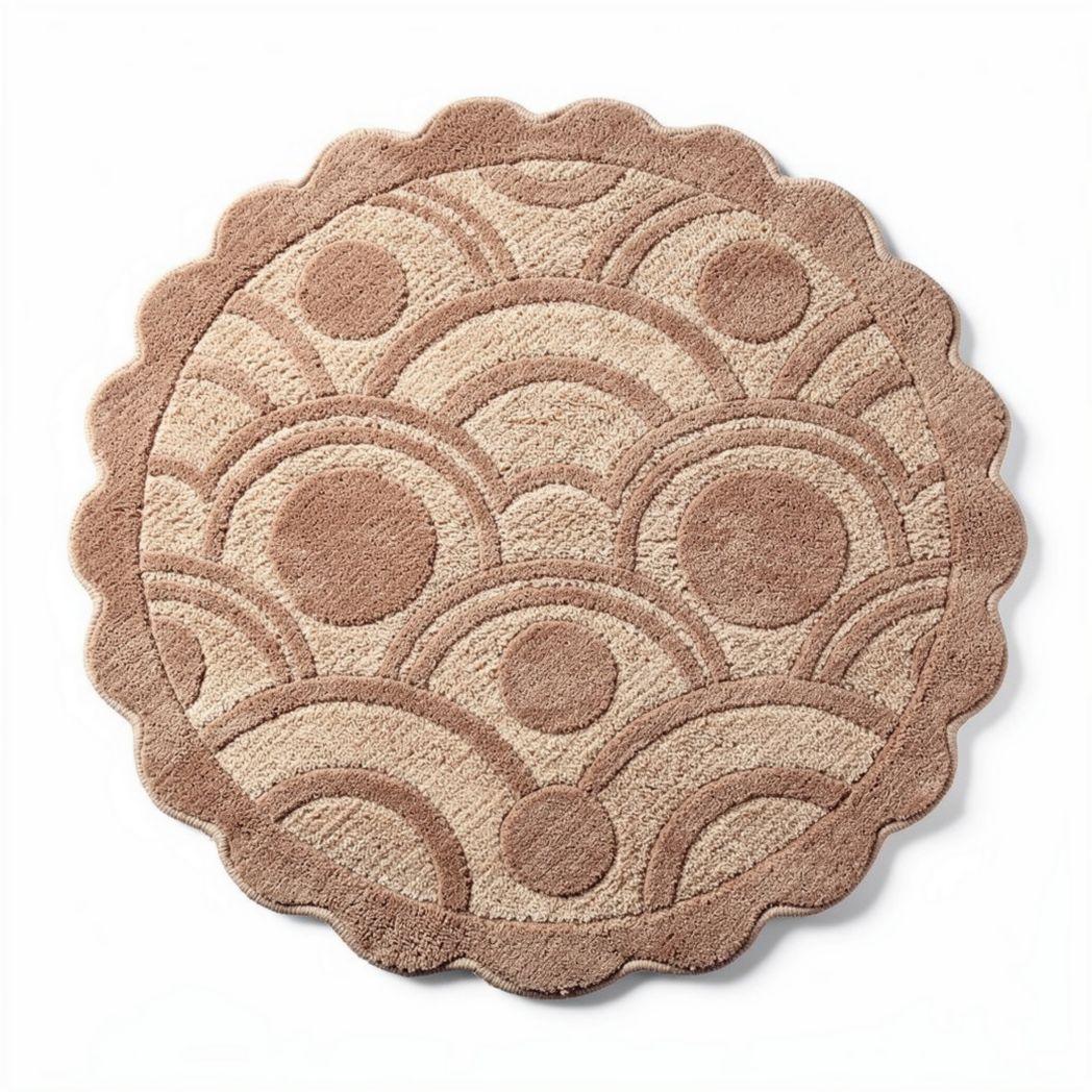 Round tufted area rug in beige with circle and wave pattern 120 x 120 x 1.5cm
