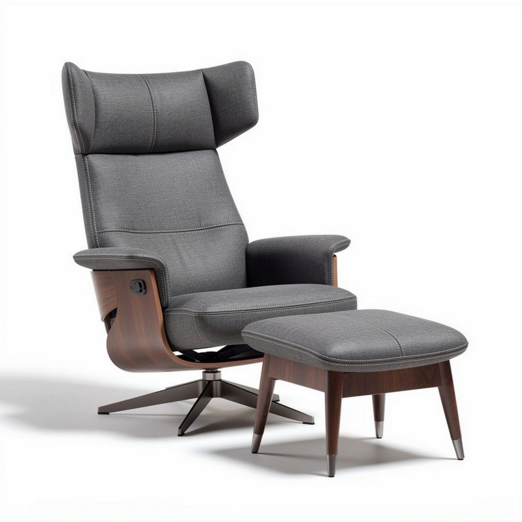 Modern gray upholstered lounge chair with walnut finish and ottoman 85 x 85 x 110cm