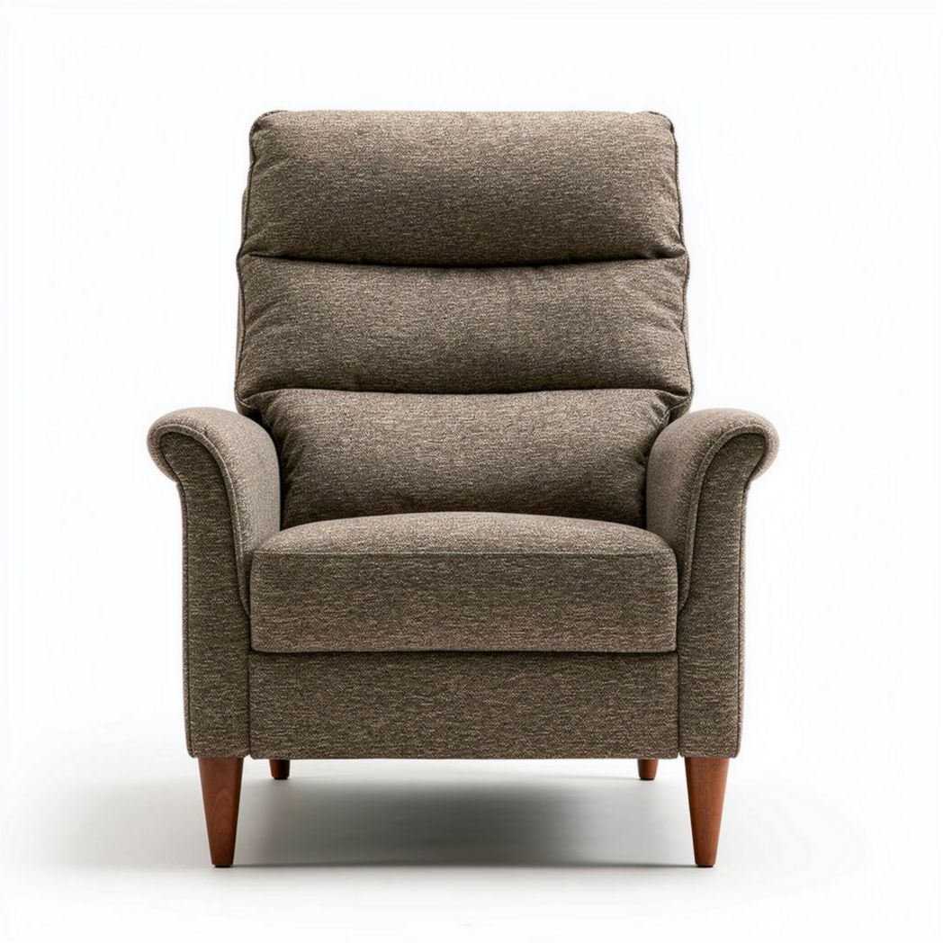 Gray upholstered reclining chair with adjustable back support and armrests
